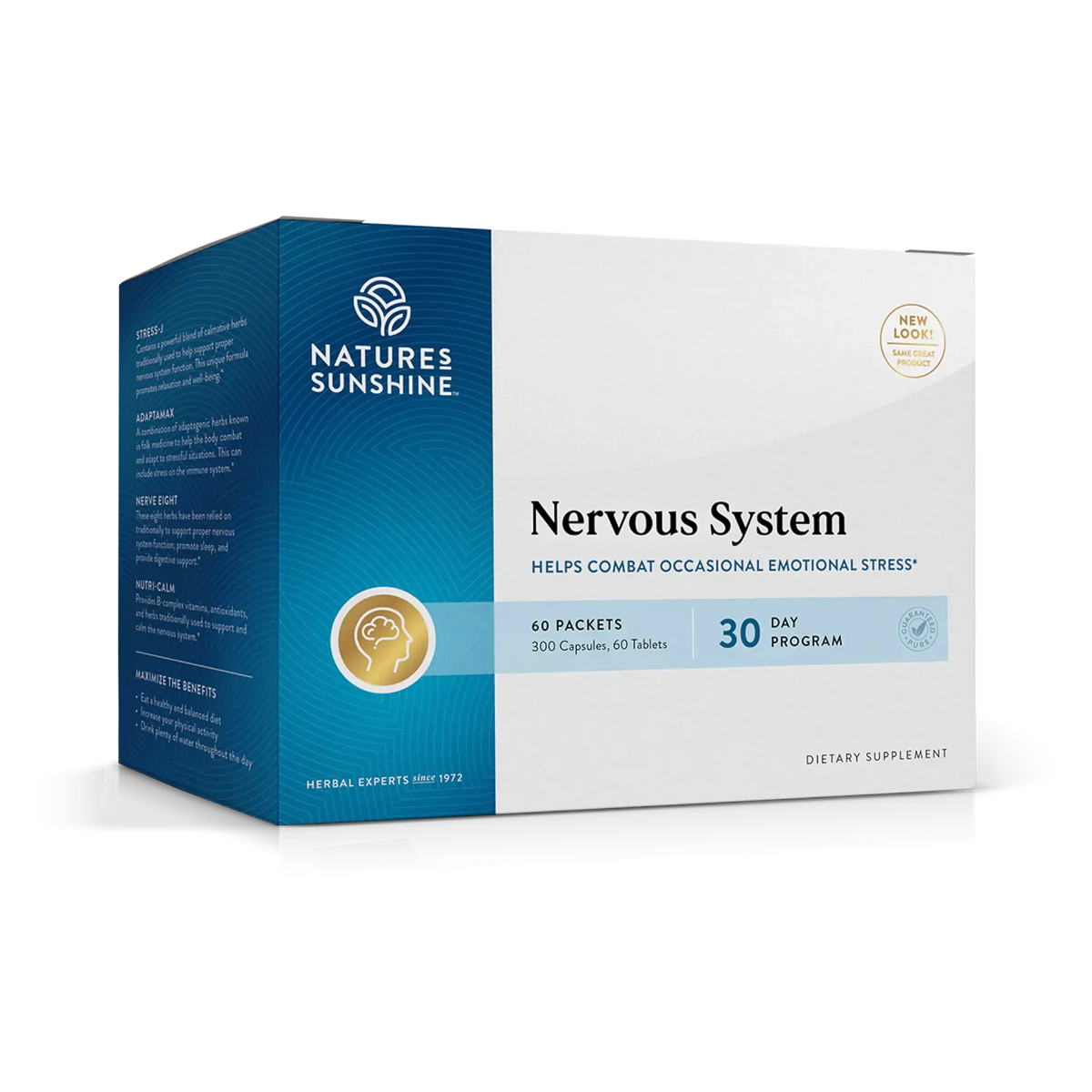 Natures Sunshine Nervous System dietary supplement box, 60 packets, 30 day program, featuring a blue and white design with gold accents.