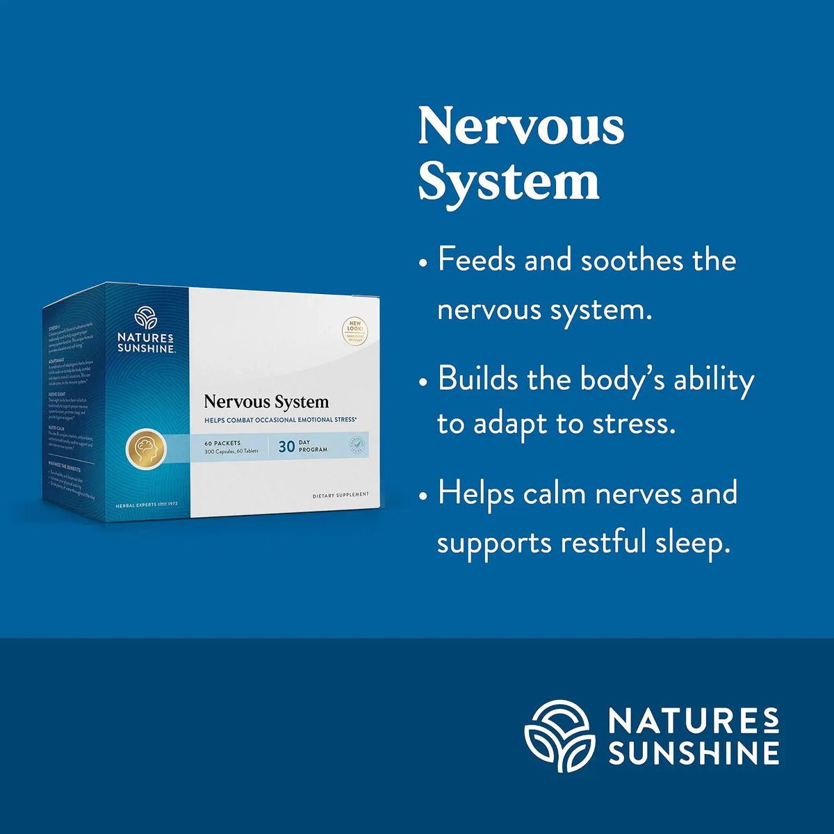Natures Sunshine Nervous System supplement box shown on a blue promotional graphic with text describing benefits for the nervous system and restful sleep.