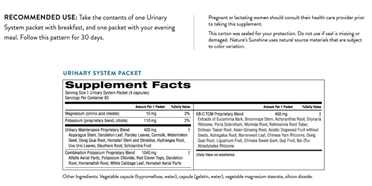 A printed informational card showing the recommended use and supplement facts for a urinary system packet. The left side includes usage instructions in black text on a white background, and the right side shows a supplement facts table for one urinary system packet with ingredient amounts and notes.