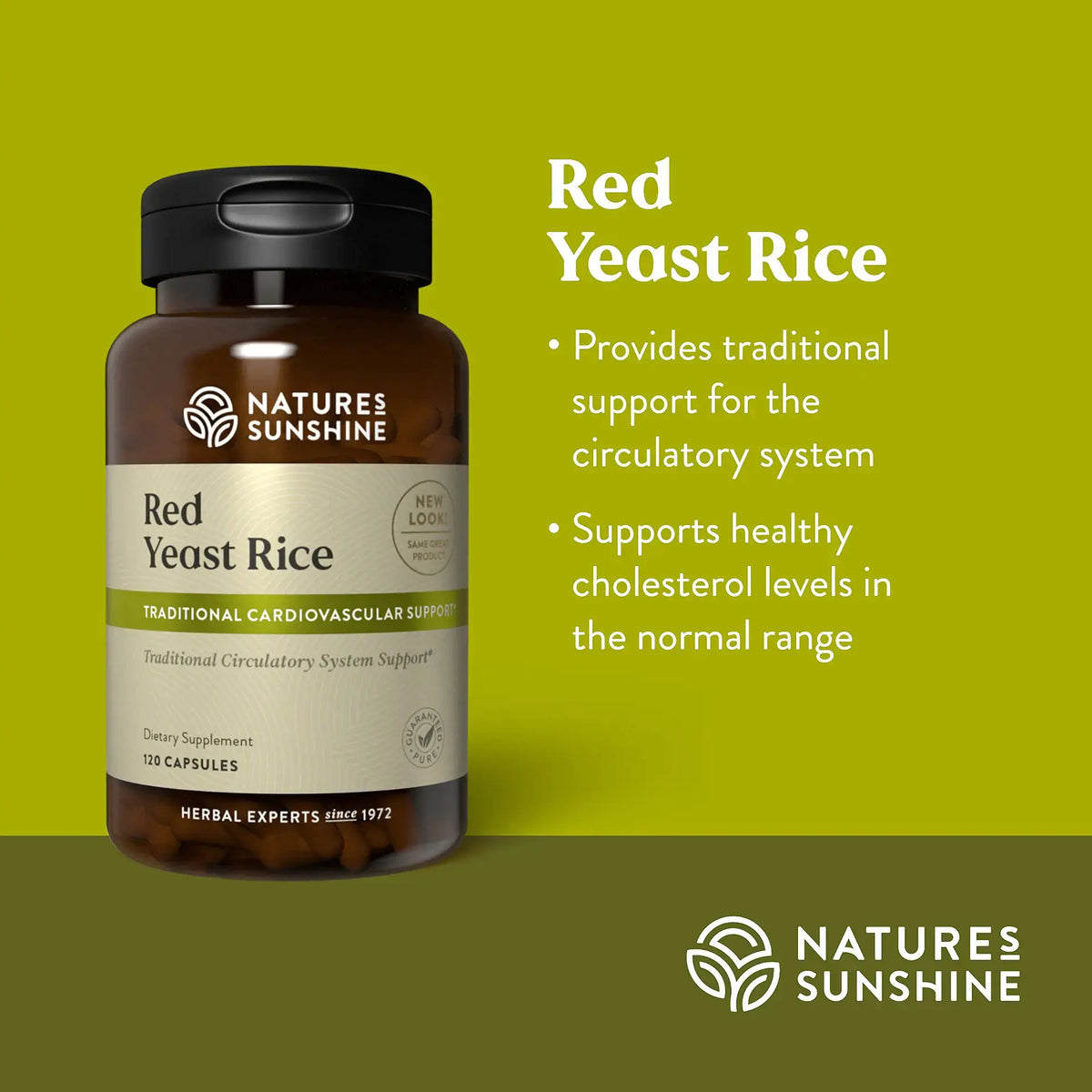 Nature's Sunshine Red Yeast Rice dietary supplement bottle on a green background with product text and benefits.