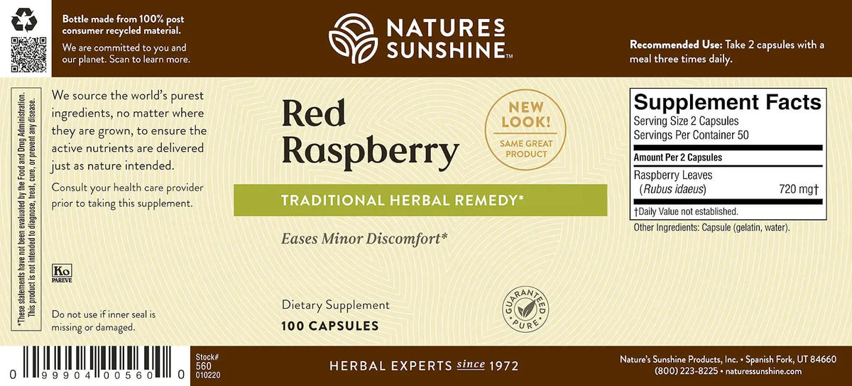 Natures Sunshine Red Raspberry herbal remedy supplement label showing 100 capsules, with product details, supplement facts, and barcode on a beige background.