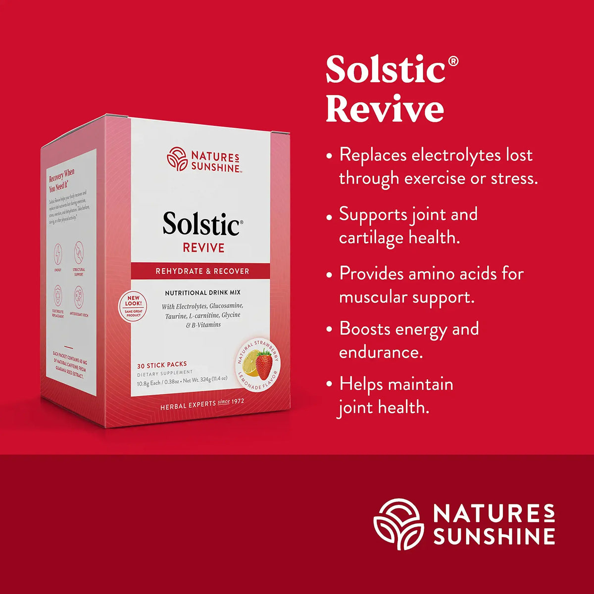 Natures Sunshine Solstic Revive electrolyte and recovery drink mix box shown on a red background with product benefits text.