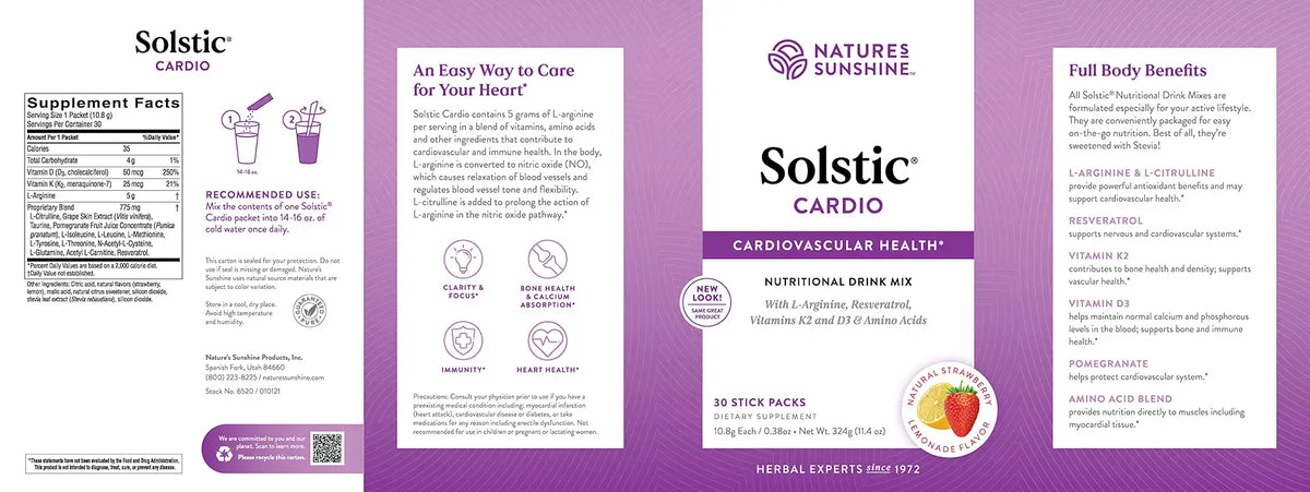 A flat-lay view of the Solstic Cardio supplement packaging, showing the front, back, and supplement facts panels against a purple background.