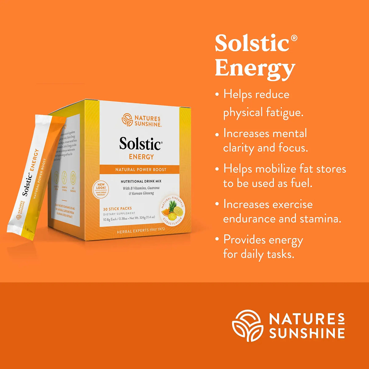 Natures Sunshine Solstic Energy herbal supplement box and single-serve packet on an orange background with product benefits text.