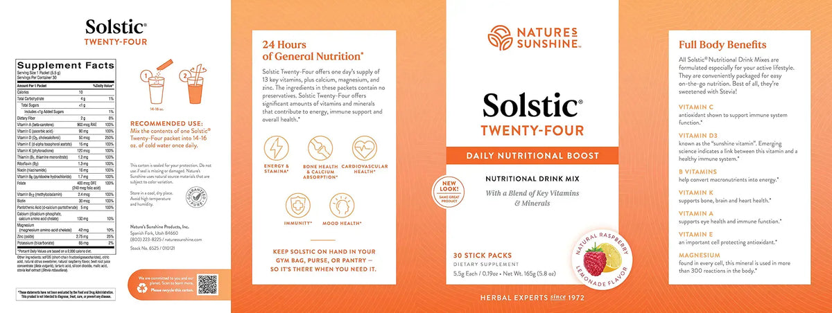 A flat-lay infographic layout for Nature's Sunshine Solstic Twenty-Four Daily Nutritional Food, featuring a white and orange color scheme with text detailing nutritional benefits, serving recommendations, and full body benefits.