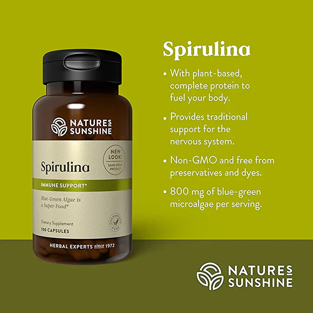 Nature's Sunshine Spirulina dietary supplement bottle on a green background with product text and benefits listed on the right.