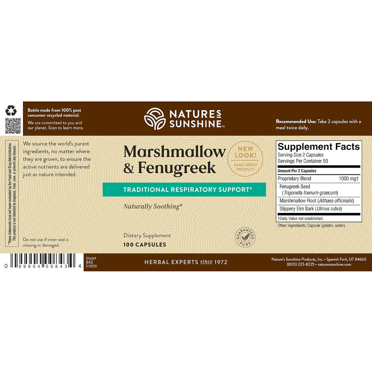 Natures Sunshine Marshmallow & Fenugreek herbal supplement box showing the front label with product name, ingredients, and supplement facts on a white background.