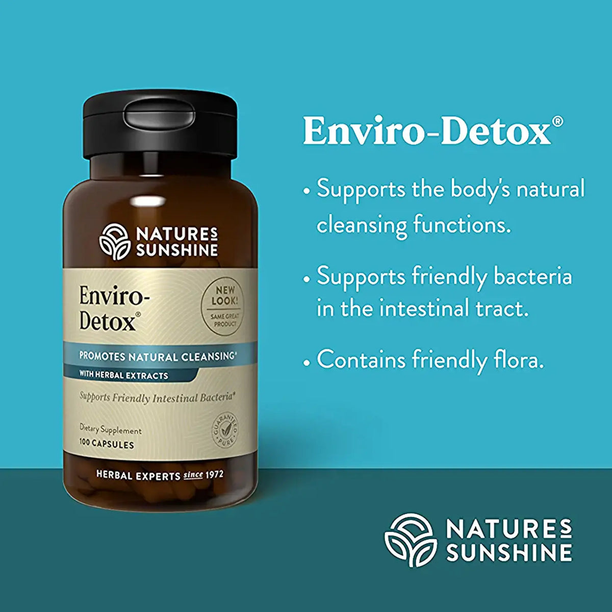 Nature's Sunshine Enviro-Detox dietary supplement bottle on a teal background with product benefits listed in white text on the right.