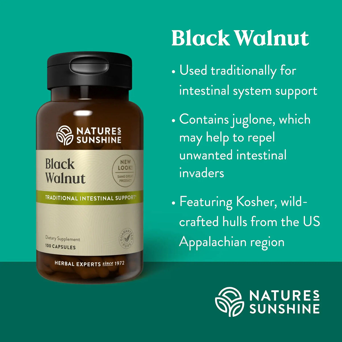 Natures Sunshine Black Walnut supplement bottle on a green background with product details.