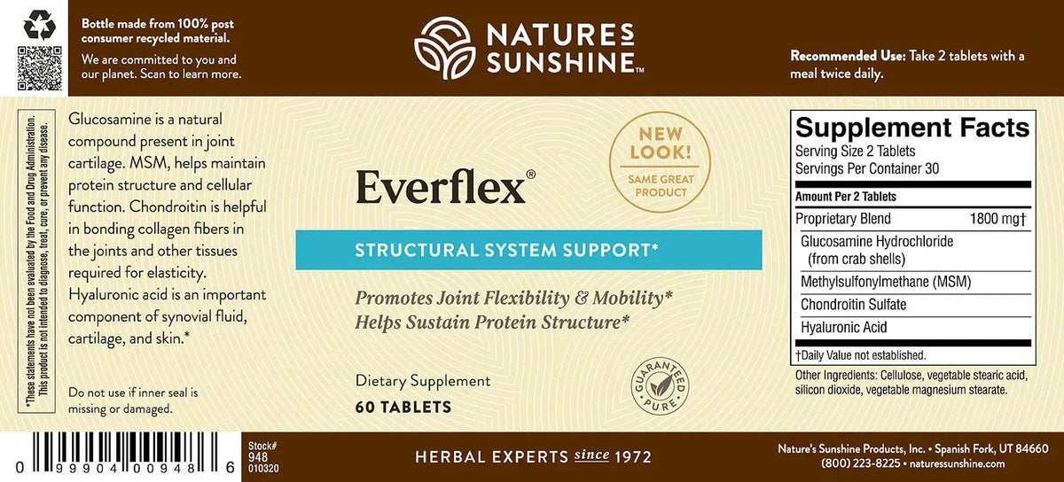 The back of a Nature's Sunshine Everflex Structural System Support dietary supplement box, showing the supplement facts, ingredients, and barcode on a beige and brown label.