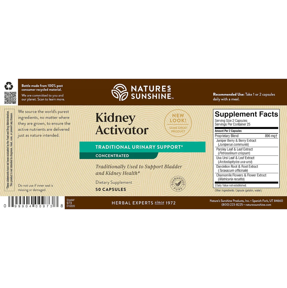 Natures Sunshine Kidney Activator dietary supplement packaging, featuring a brown and beige label with a teal accent banner and a Supplement Facts panel.