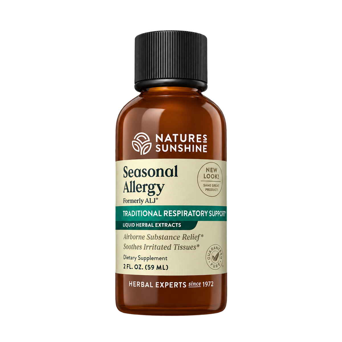 A 2 fl oz amber glass bottle of Natures Sunshine Seasonal Allergy Traditional Respiratory Support liquid herbal extracts, featuring a black ribbed cap and a beige label with green and white text.