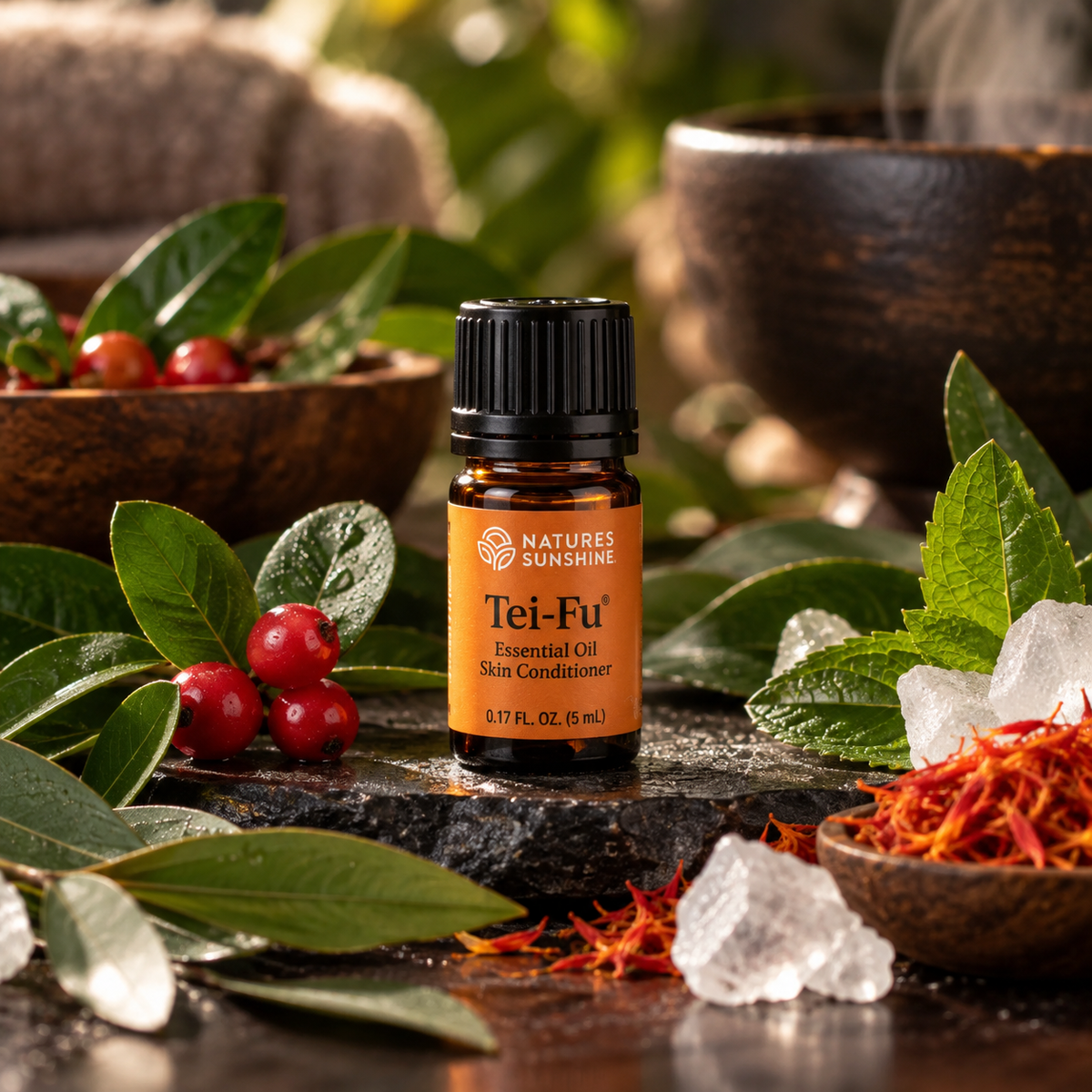 A small amber bottle of Natures Sunshine Tei-Fu Essential Oil Skin Conditioner stands on a dark stone surface, surrounded by green leaves, red berries, mint, crystals, and a bowl of orange botanicals in a styled natural setting.