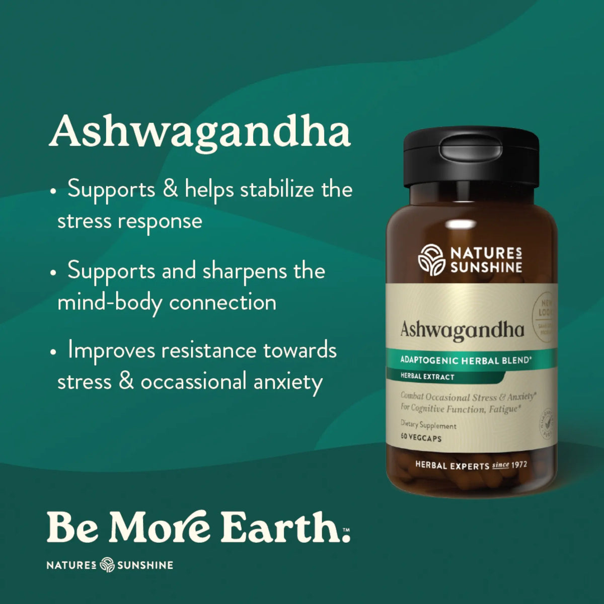 A bottle of Nature's Sunshine Ashwagandha dietary supplement on a dark teal background with marketing text on the left. The bottle is amber brown with a black cap and a cream label featuring green accents.
