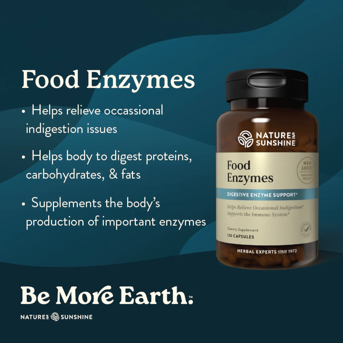 Nature's Sunshine Food Enzymes supplement bottle with product details on a blue background