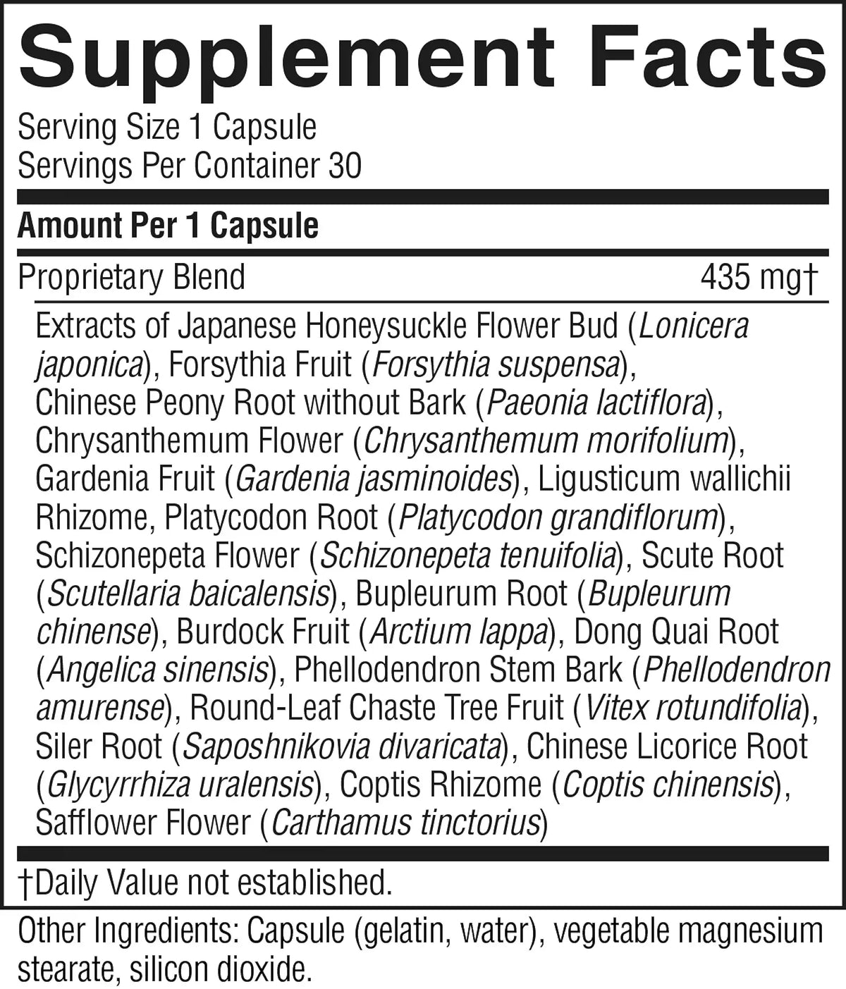 A close-up of a supplement facts label showing serving size 1 capsule, 30 servings per container, and a list of ingredients under the heading 'Supplement Facts'.