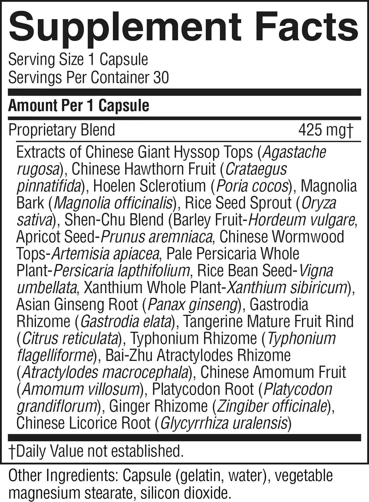 A close-up of a supplement facts label showing the Supplement Facts panel with serving size 1 capsule, servings per container 30, and a list of ingredients including extracts of Chinese Giant Hyssop Tops, Chinese Hawthorn Fruit, Magnolia Bark, Rice Seed Sprout, and others. The label is black text on a white background.