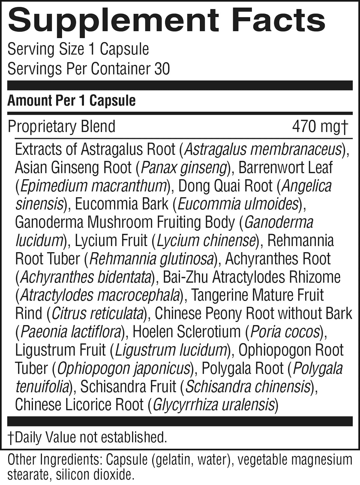 A close-up of a black supplement facts label showing serving size 1 capsule, servings per container 30, and a proprietary blend with listed herbal ingredients and 470 mgtd.