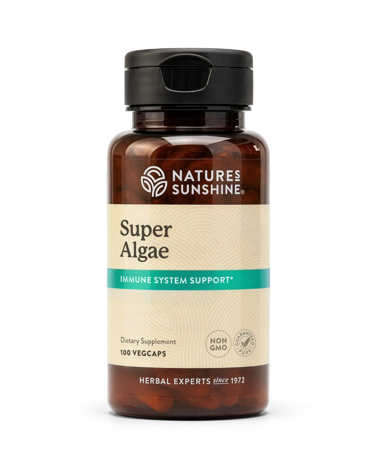A bottle of Nature's Sunshine Super Algae dietary supplement, featuring an amber brown bottle, a black cap, and a beige label with a teal accent stripe.