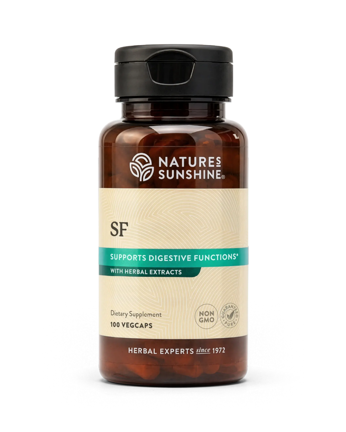 Nature's Sunshine SF dietary supplement bottle with amber glass, a black cap, and a beige label with green and teal accents, containing 100 vegcaps.