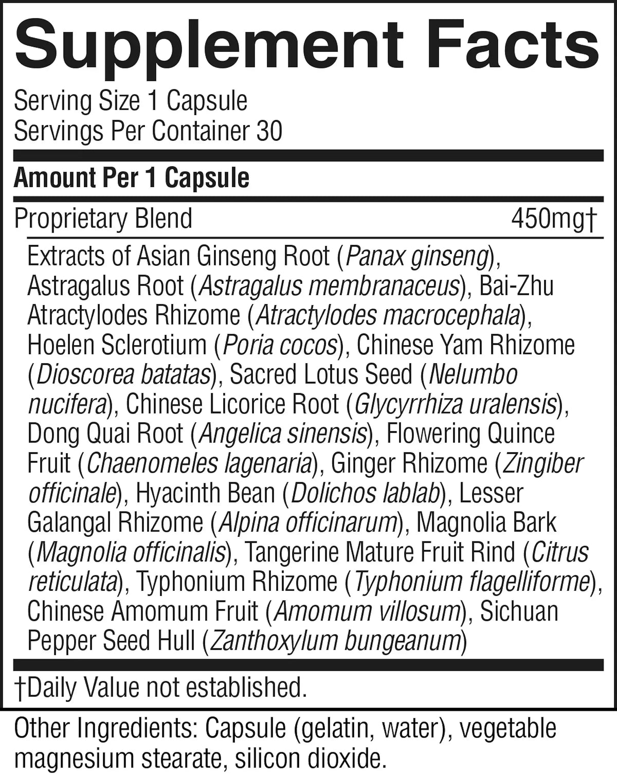 A black supplement facts label with white text, showing serving size 1 capsule, servings per container 30, and a proprietary blend of extracts including ginseng, rhizomes, licorice, and herbal ingredients at 450mg.