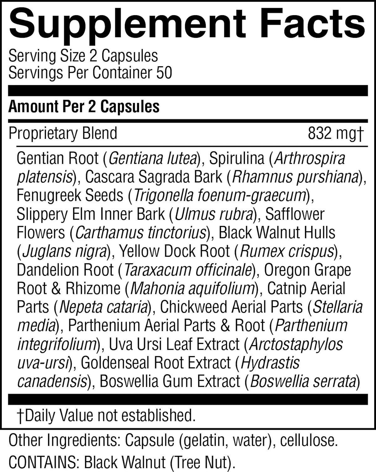 Supplement facts label with a list of ingredients on a white background
