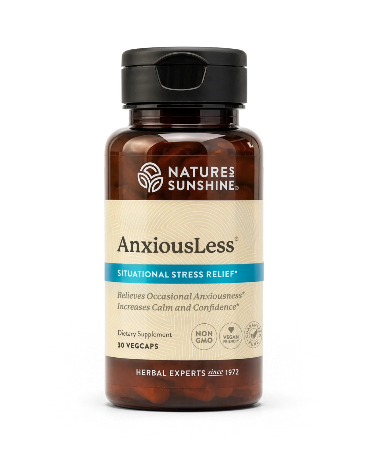 A bottle of Natures Sunshine AnxiousLess Situational Stress Relief dietary supplement, containing 30 vegcaps, shown on a clean white background.