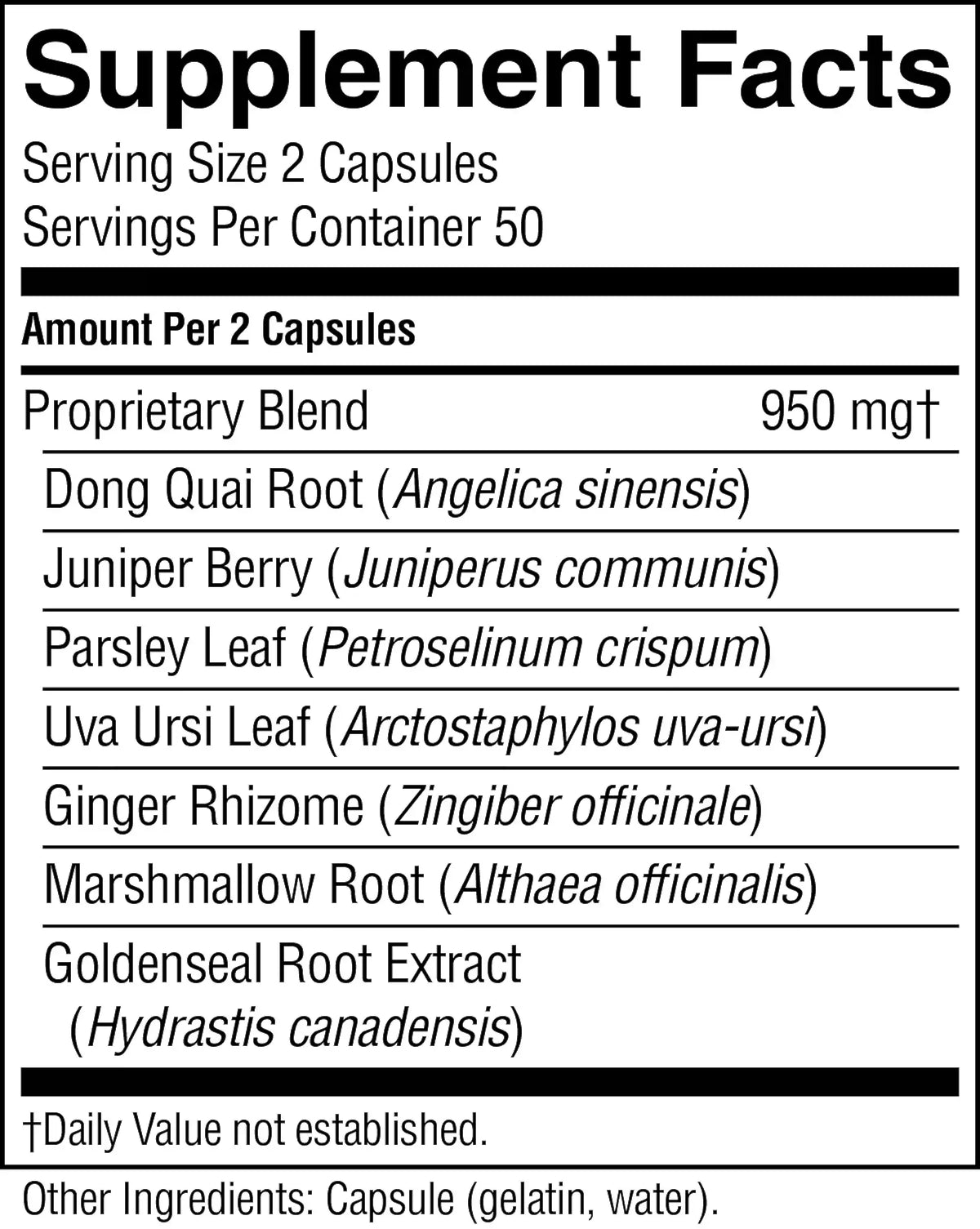 Supplement facts label with herbal ingredients listed