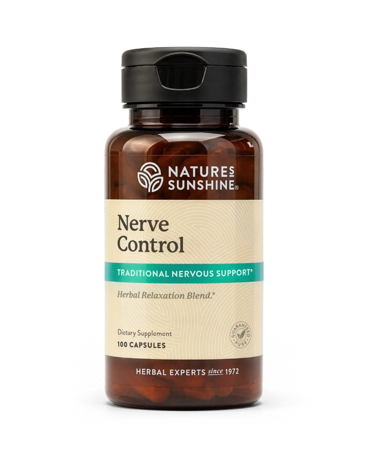 A bottle of Natures Sunshine Nerve Control herbal supplement, containing 100 capsules, on a clean white background.