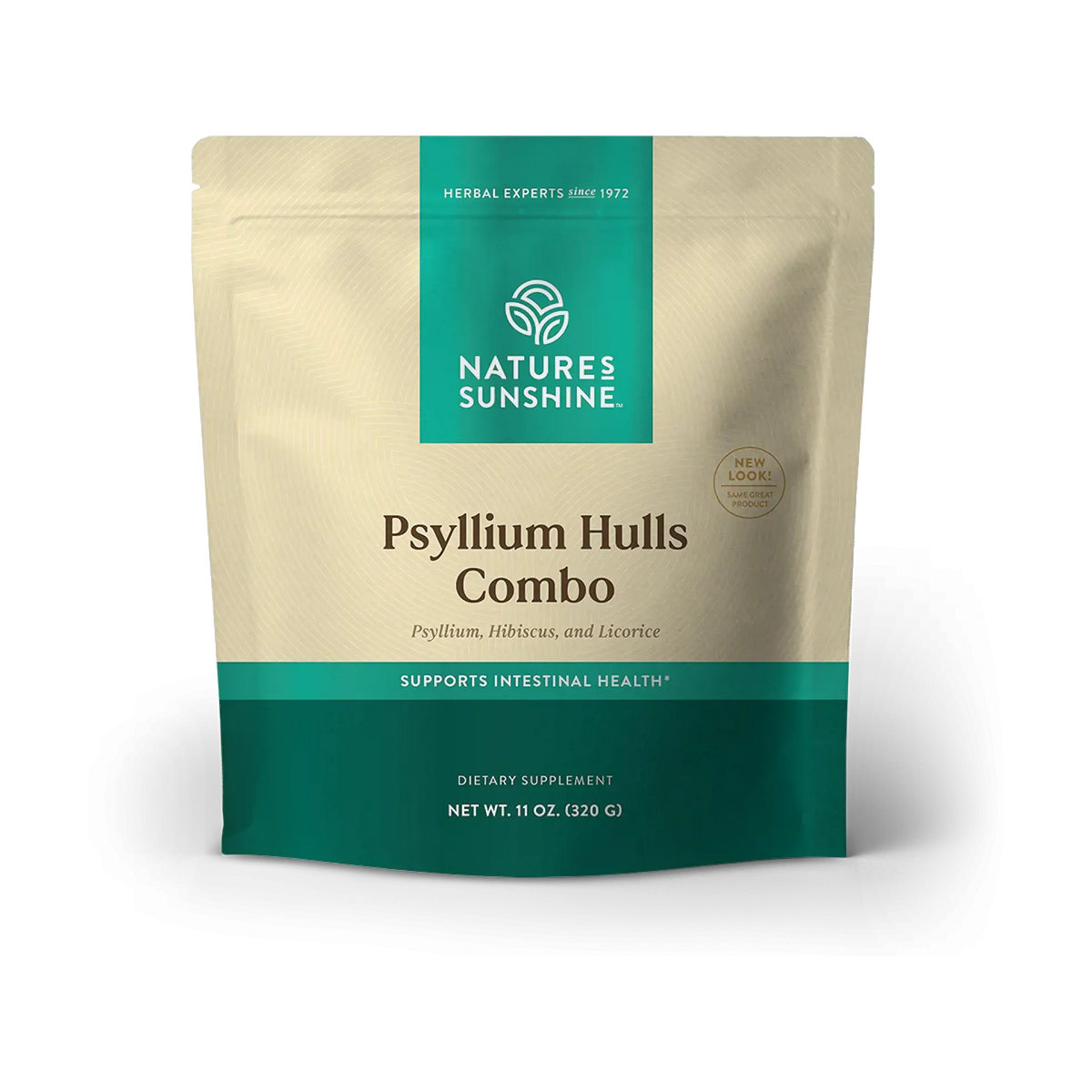 Natures Sunshine Psyllium Hulls Combo dietary supplement in a 11 oz stand-up pouch. The packaging features a textured beige background with a teal green top and bottom band, and dark brown text.