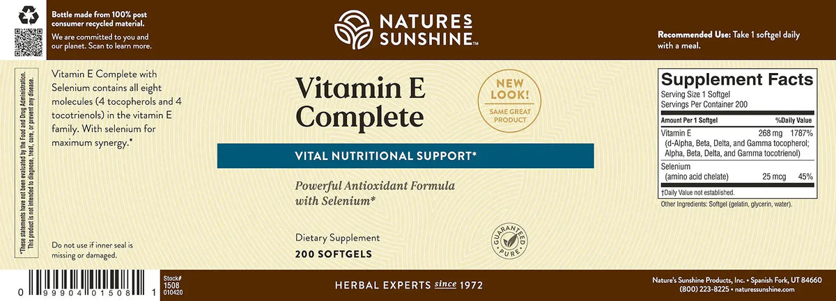 Natures Sunshine Vitamin E Complete dietary supplement bottle label, showing product details, supplement facts, and a barcode on a dark brown and beige background.
