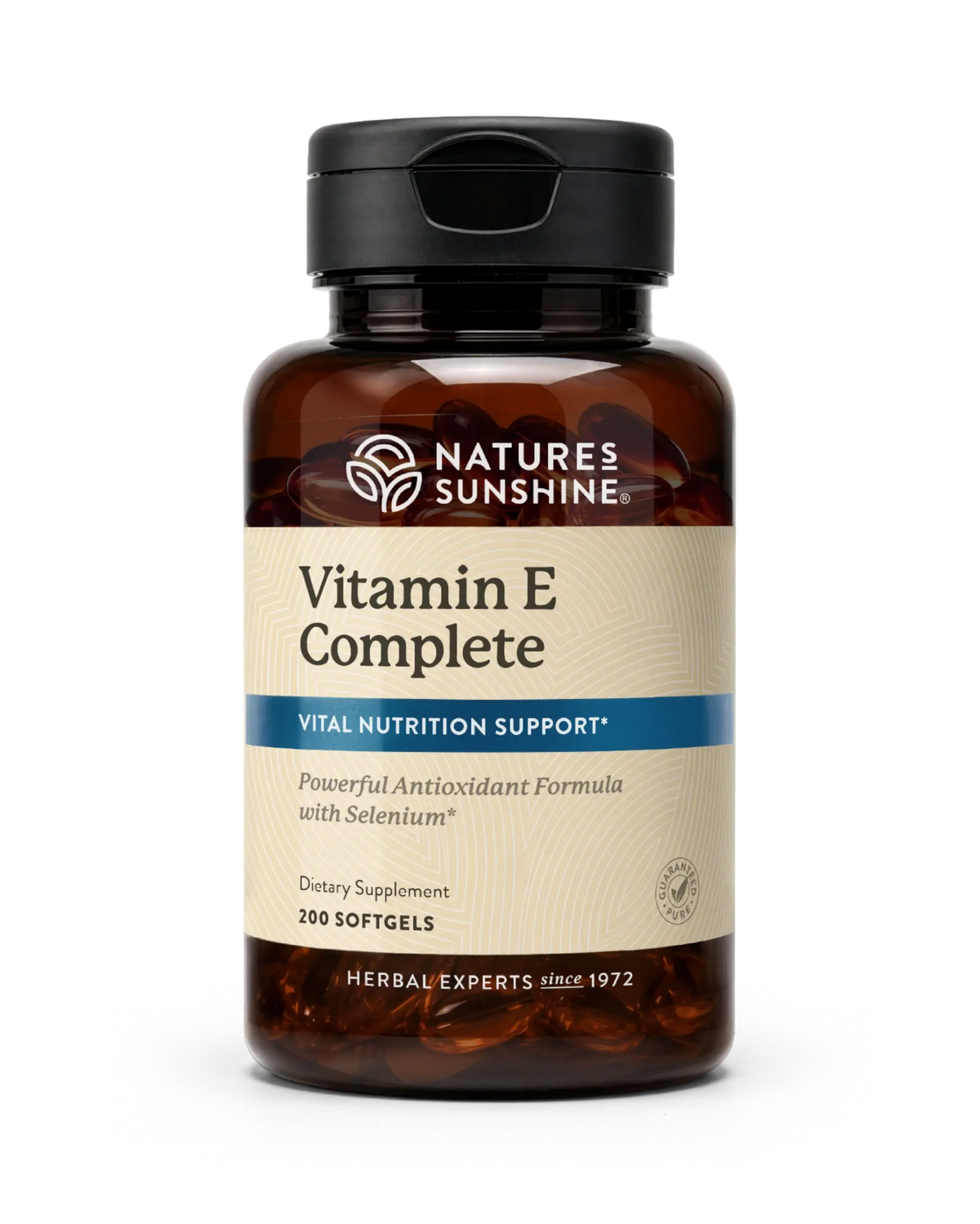 A bottle of Nature's Sunshine Vitamin E Complete dietary supplement, containing 200 softgels, shown on a clean white background.