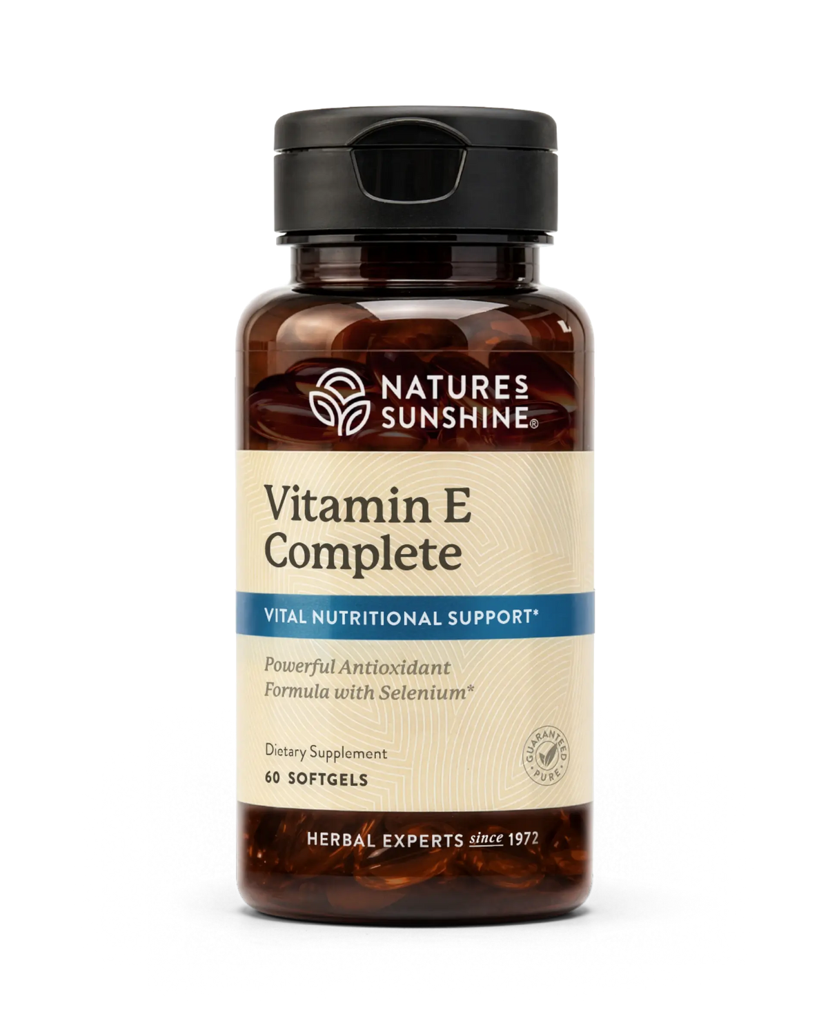 Nature's Sunshine Vitamin E Complete dietary supplement bottle with a black cap and amber brown glass, on a white background.