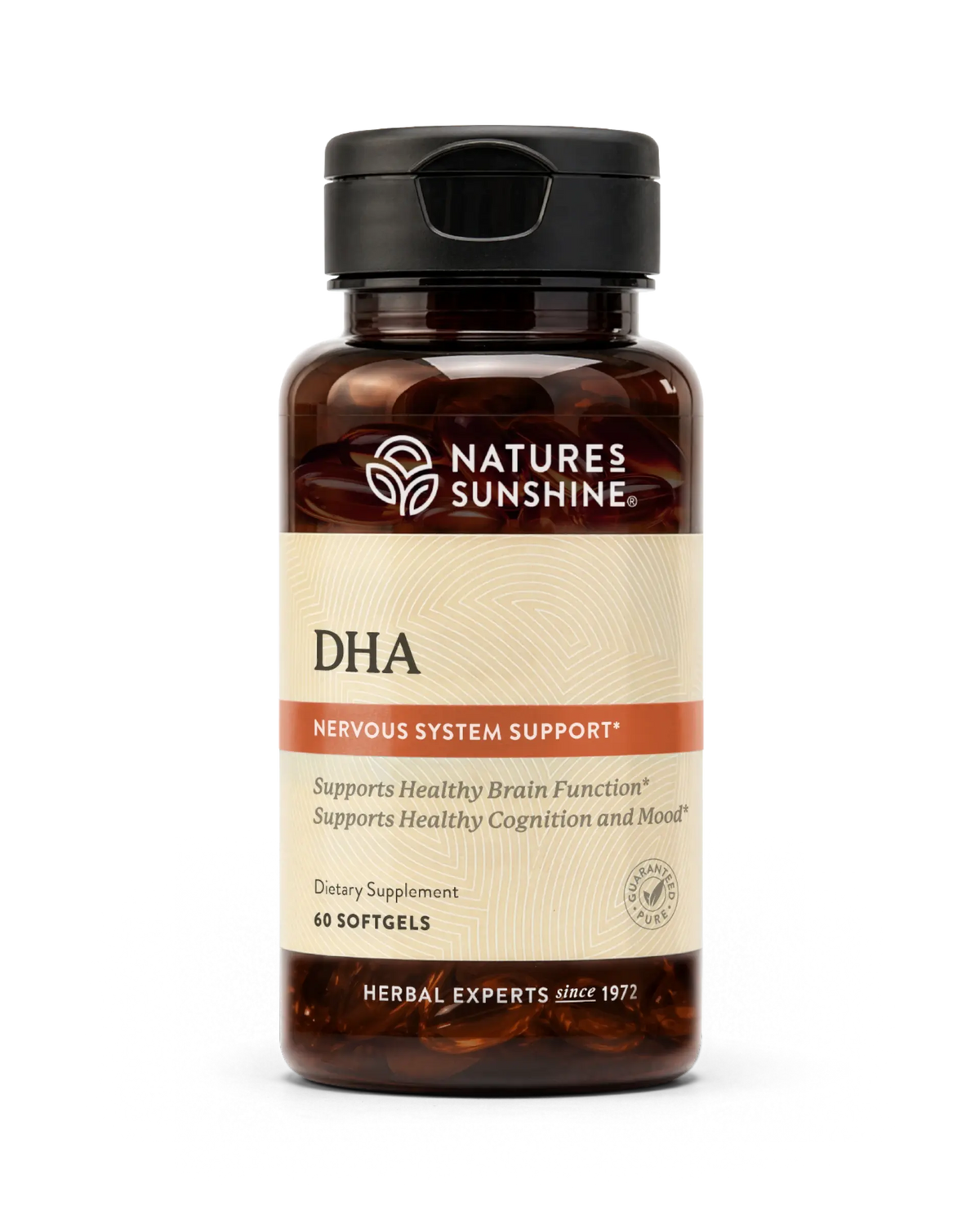 A bottle of Nature's Sunshine DHA dietary supplement with a black cap and amber-brown translucent bottle, featuring a beige label with red accents.