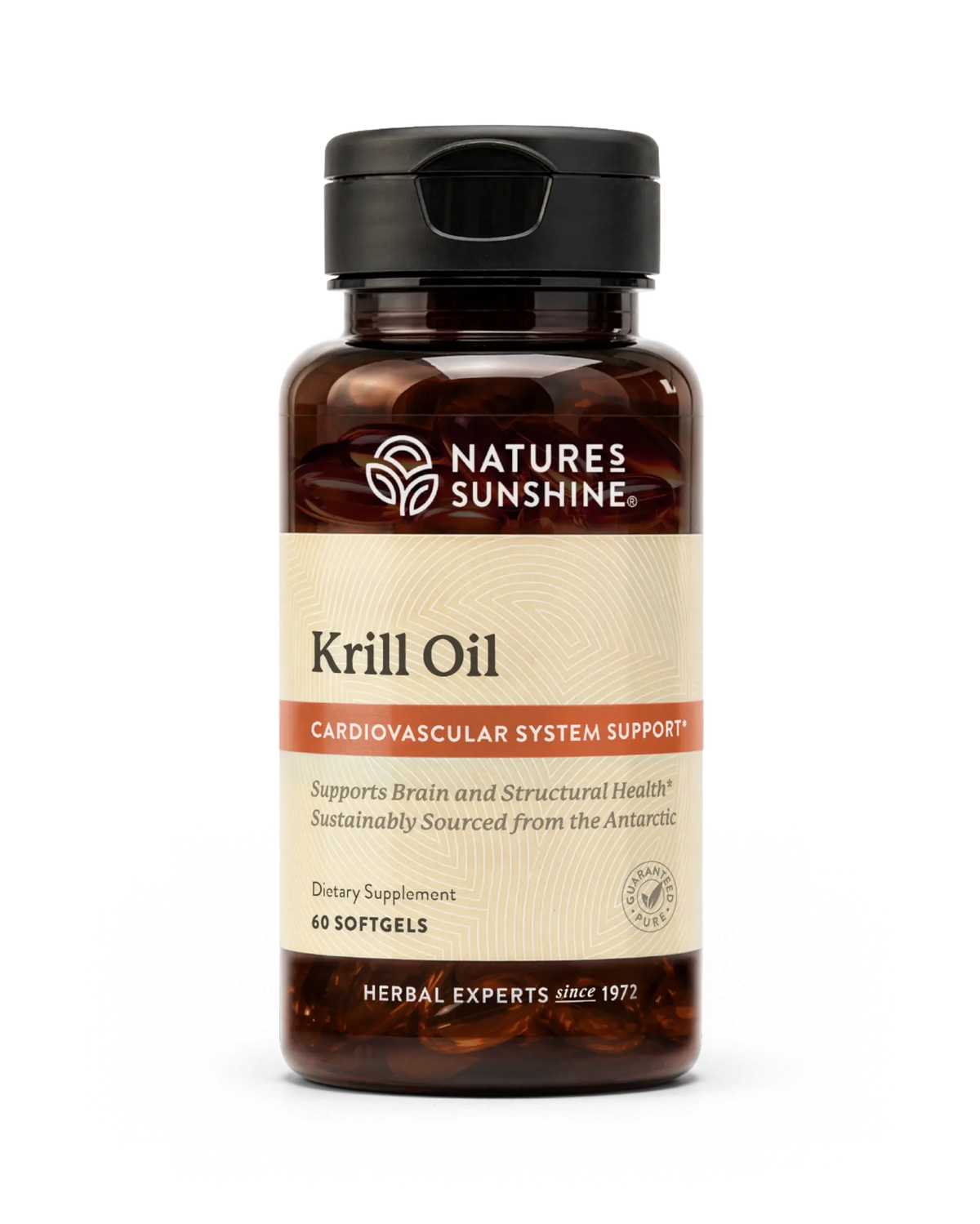 Nature's Sunshine Krill Oil dietary supplement bottle, 60 softgels, on a clean white background.