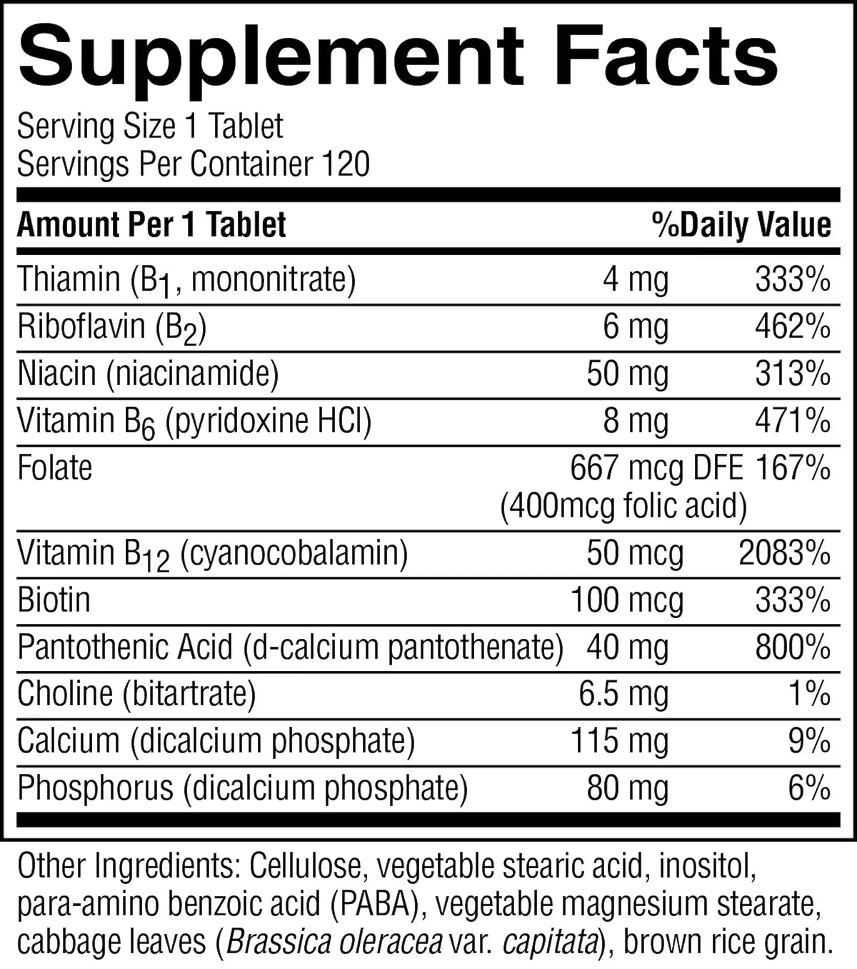 A black and white Supplement Facts label showing a list of vitamins and minerals with amounts and daily values, plus other ingredients at the bottom.