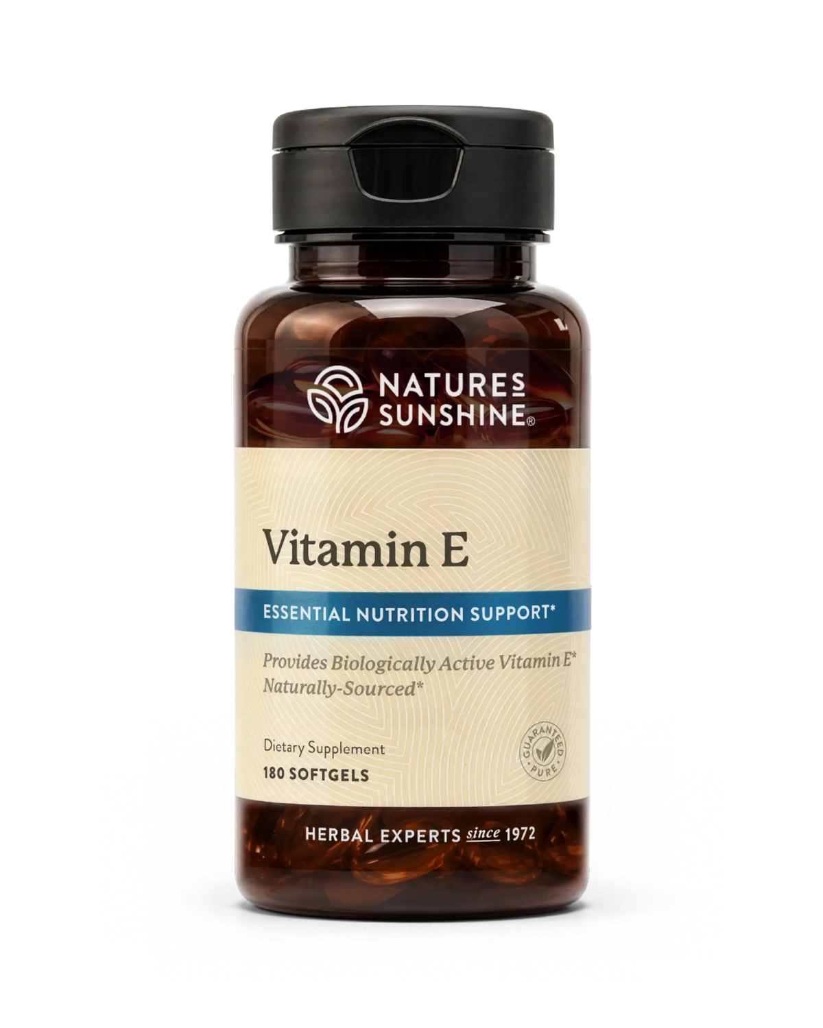 A bottle of Nature's Sunshine Vitamin E dietary supplement, 180 softgels, in an amber brown bottle with a black cap and a beige label.