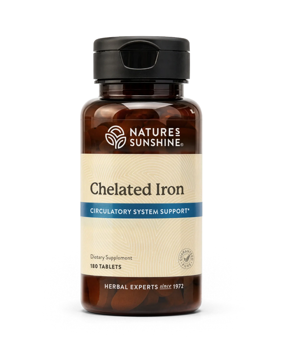 Nature's Sunshine Chelated Iron dietary supplement bottle with 100 tablets, featuring an amber brown bottle, beige label, and black cap on a white background.