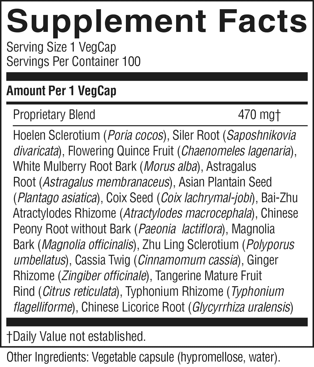 A black-and-white supplement facts label for VegCap showing the proprietary blend ingredients and 470 mg amount per serving.