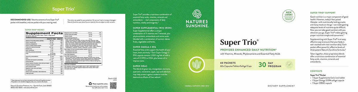 A wide printed supplement package layout for Nature's Sunshine Super Trio, showing the front, back, and side panels with green and white design, text blocks, and a small circular logo.