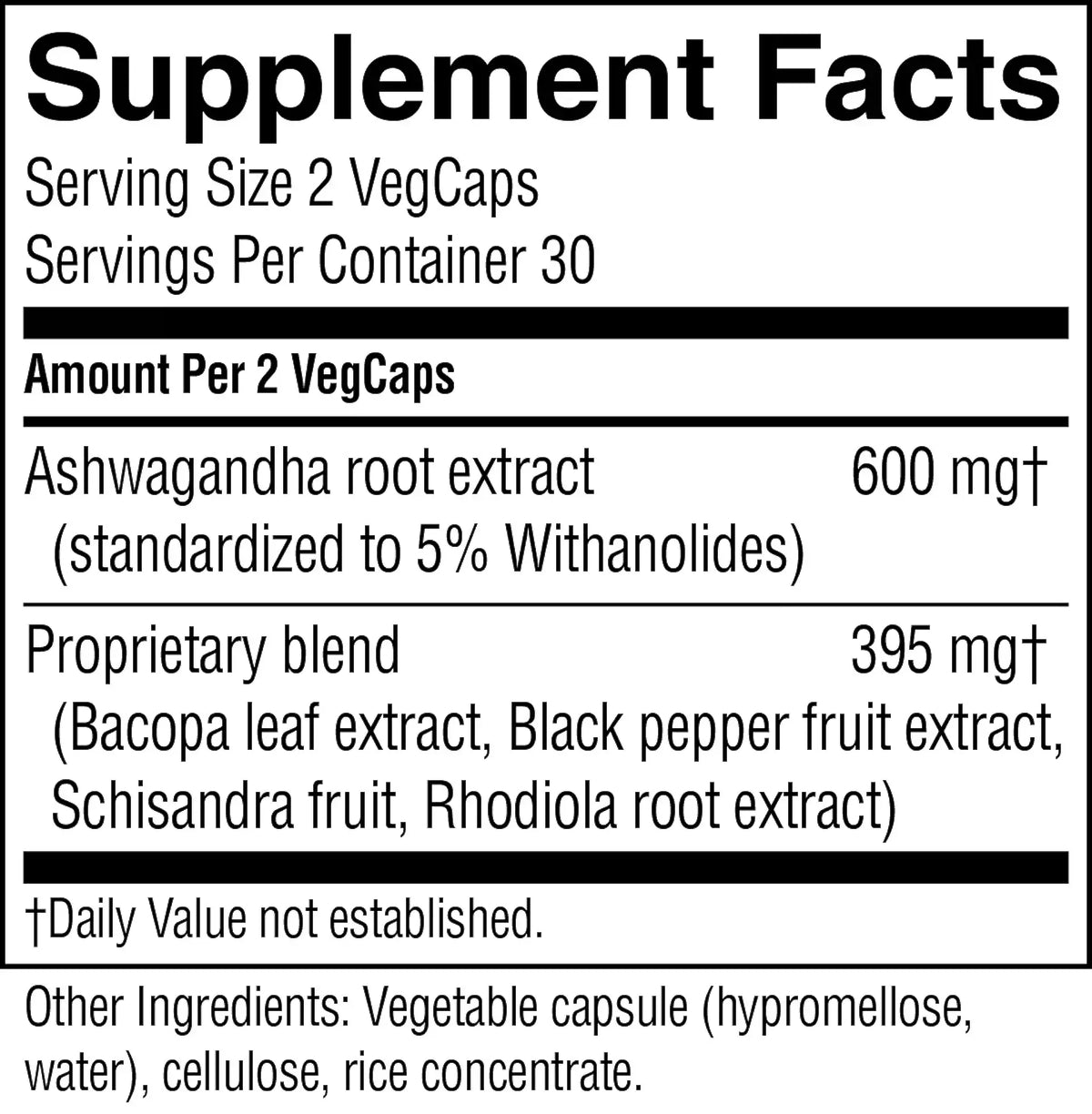 A black-and-white Supplement Facts label showing serving size 2 VegCaps, servings per container 30, and ingredient amounts for Ashwagandha root extract 600 mg and a proprietary blend 395 mg.