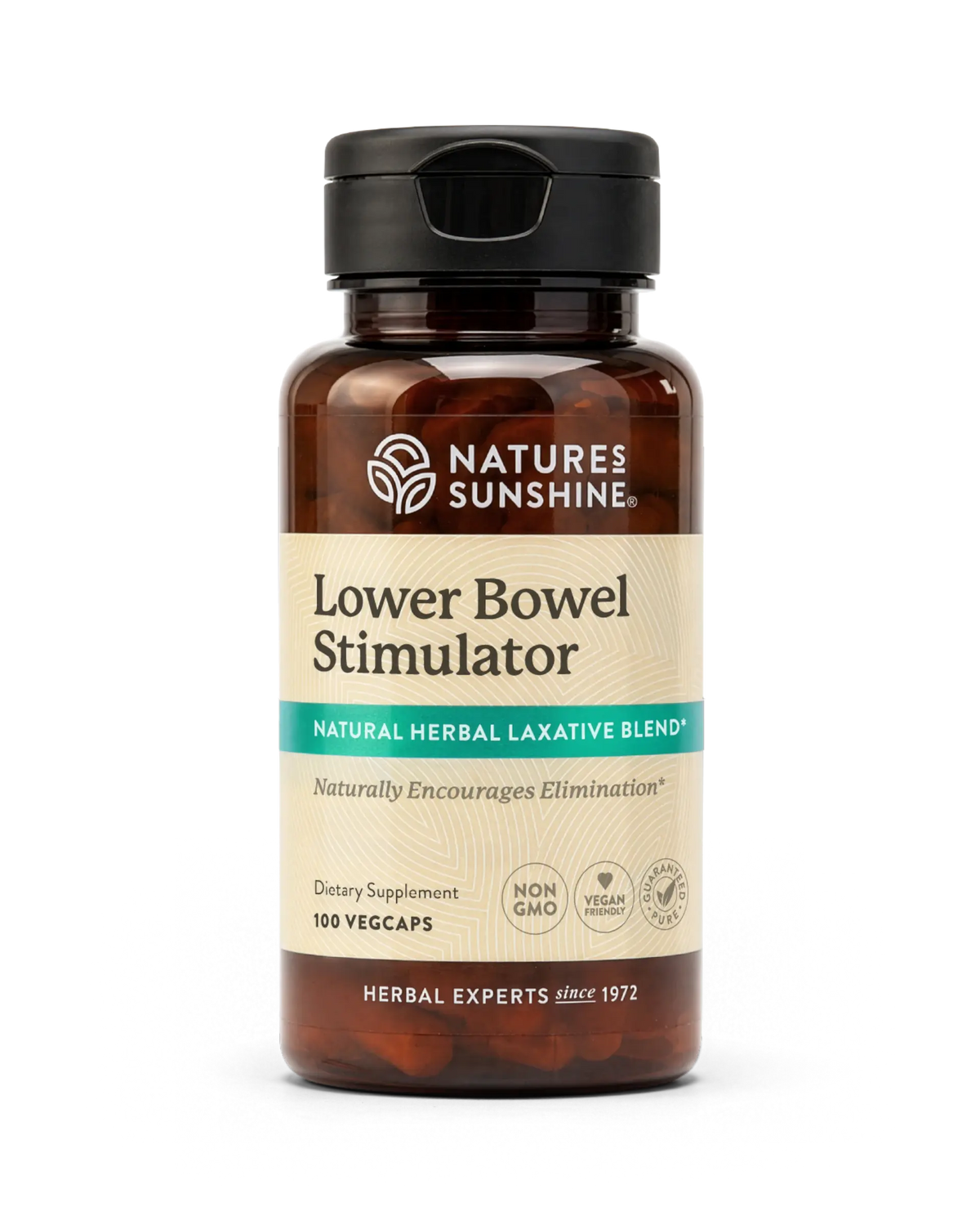 Nature's Sunshine Lower Bowel Stimulator dietary supplement bottle with a black cap and amber-brown plastic, featuring a beige label with green and white text.