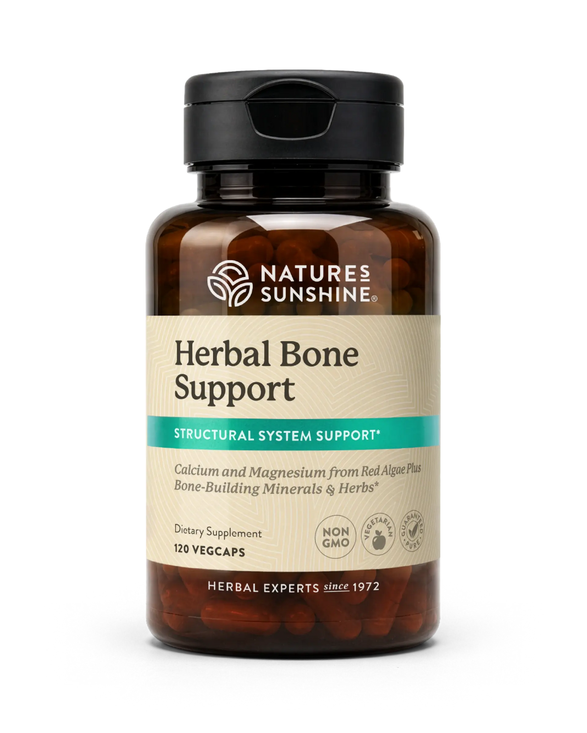 A bottle of Nature's Sunshine Herbal Bone Support dietary supplement, featuring an amber glass bottle, black cap, and beige label with a teal accent stripe.