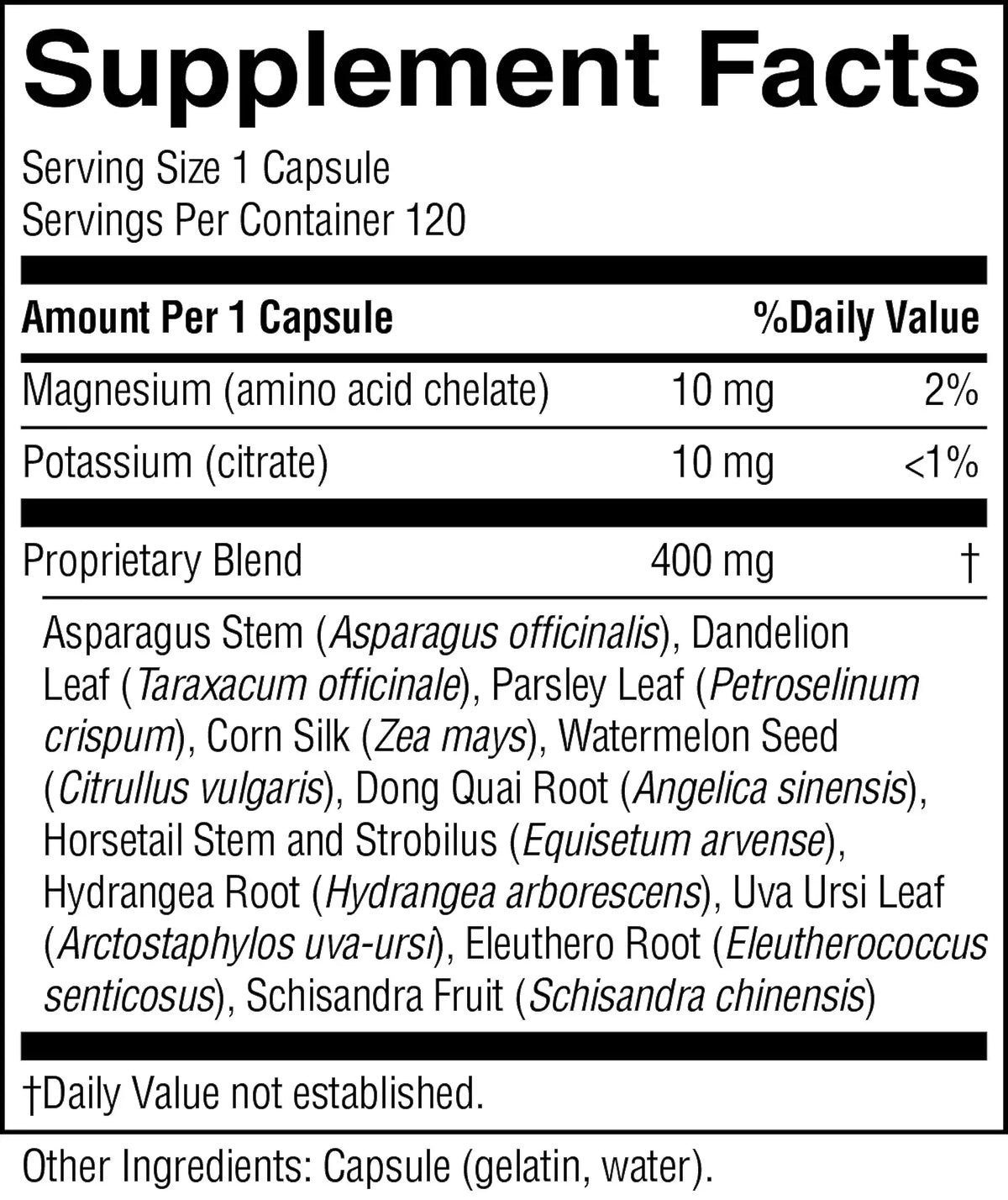 A supplement facts label showing a supplement called 'Proprietary Blend' with ingredients listed below, including magnesium and potassium, on a black background with white text.