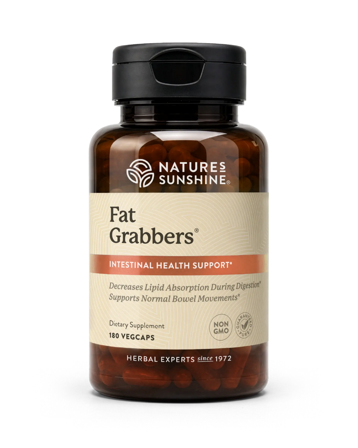 A bottle of Nature's Sunshine Fat Grabbers dietary supplement, containing 180 yellowcaps, on a clean white background.