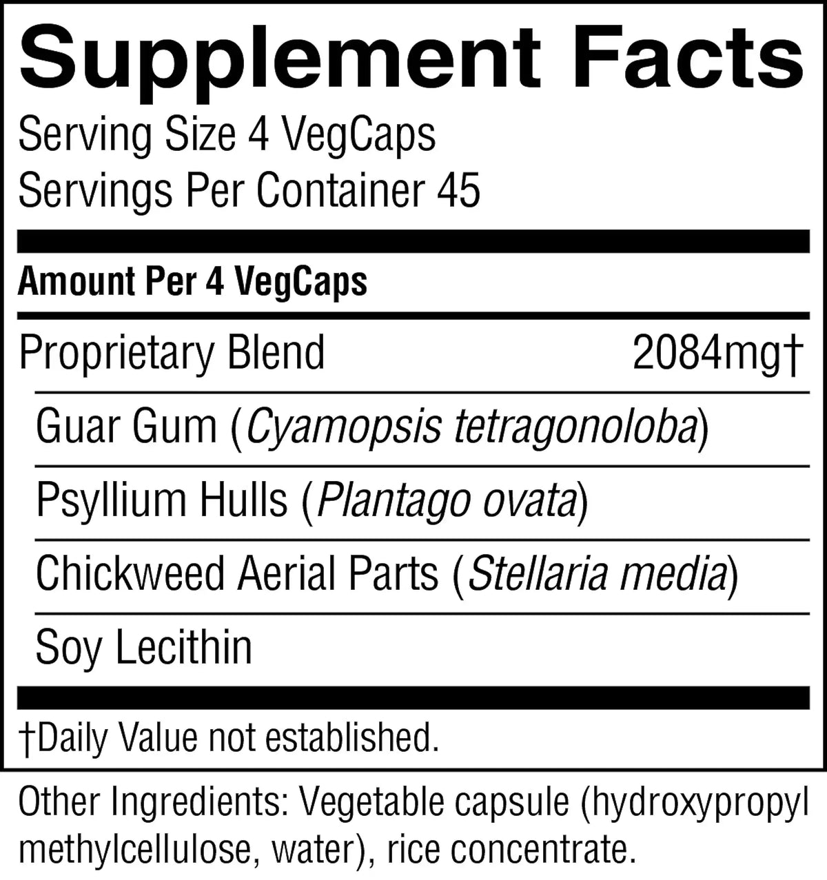 A close-up of a supplement facts label reading 'Supplement Facts' with serving size 4 VegCaps, servings per container 45, and listed ingredients including Proprietary Blend, Guar Gum, Psyllium Hulls, Chickweed Aerial Parts, and Soy Lecithin.