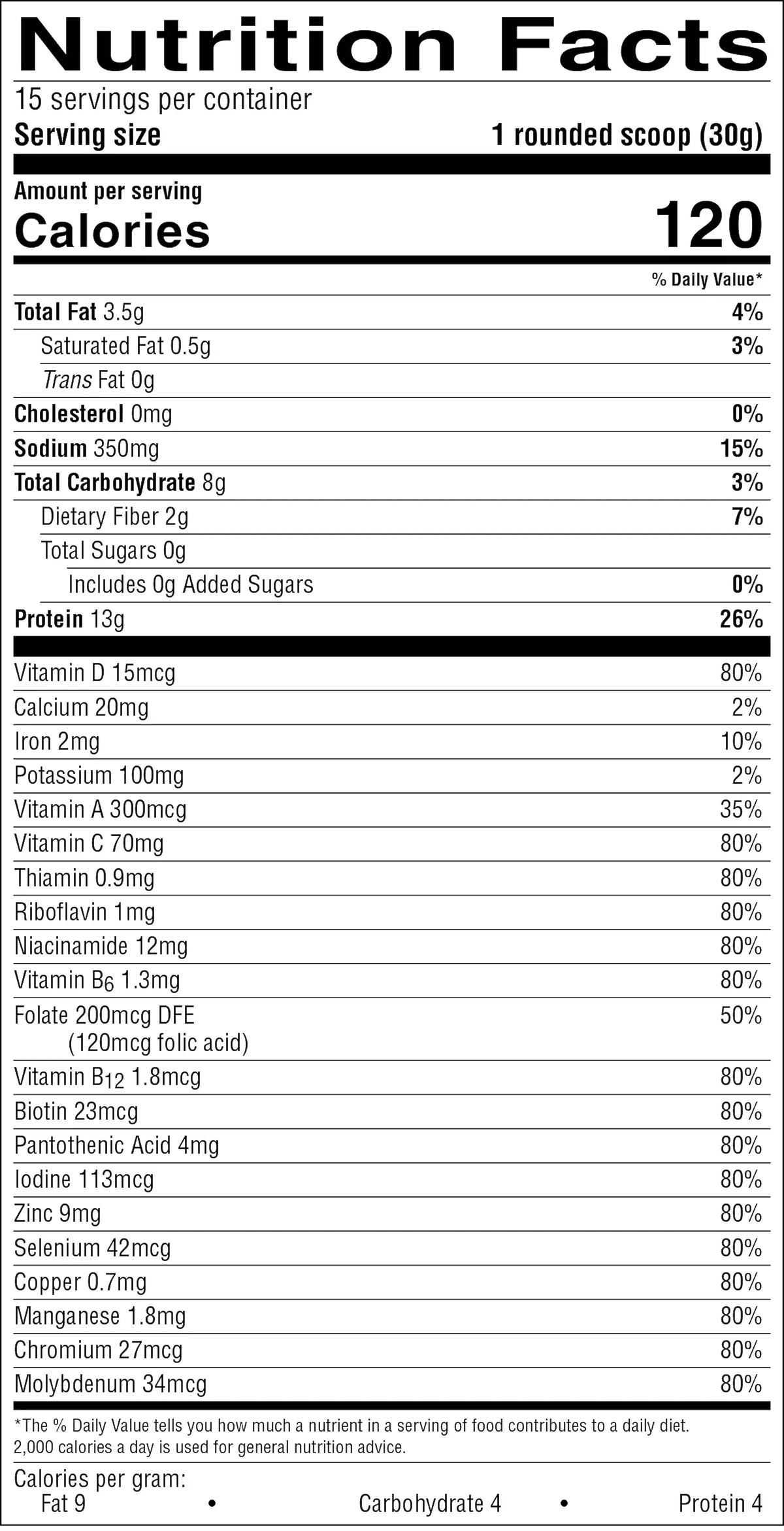 A Nutrition Facts label for a single serving of 1 round scoop (30g) showing a daily value table with calories, fat, protein, vitamins, and other nutrients on a black background with white text.