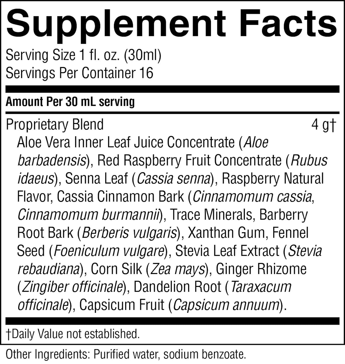 A close-up of a supplement facts label with black text on a white background, showing serving size 1 fl. oz.
