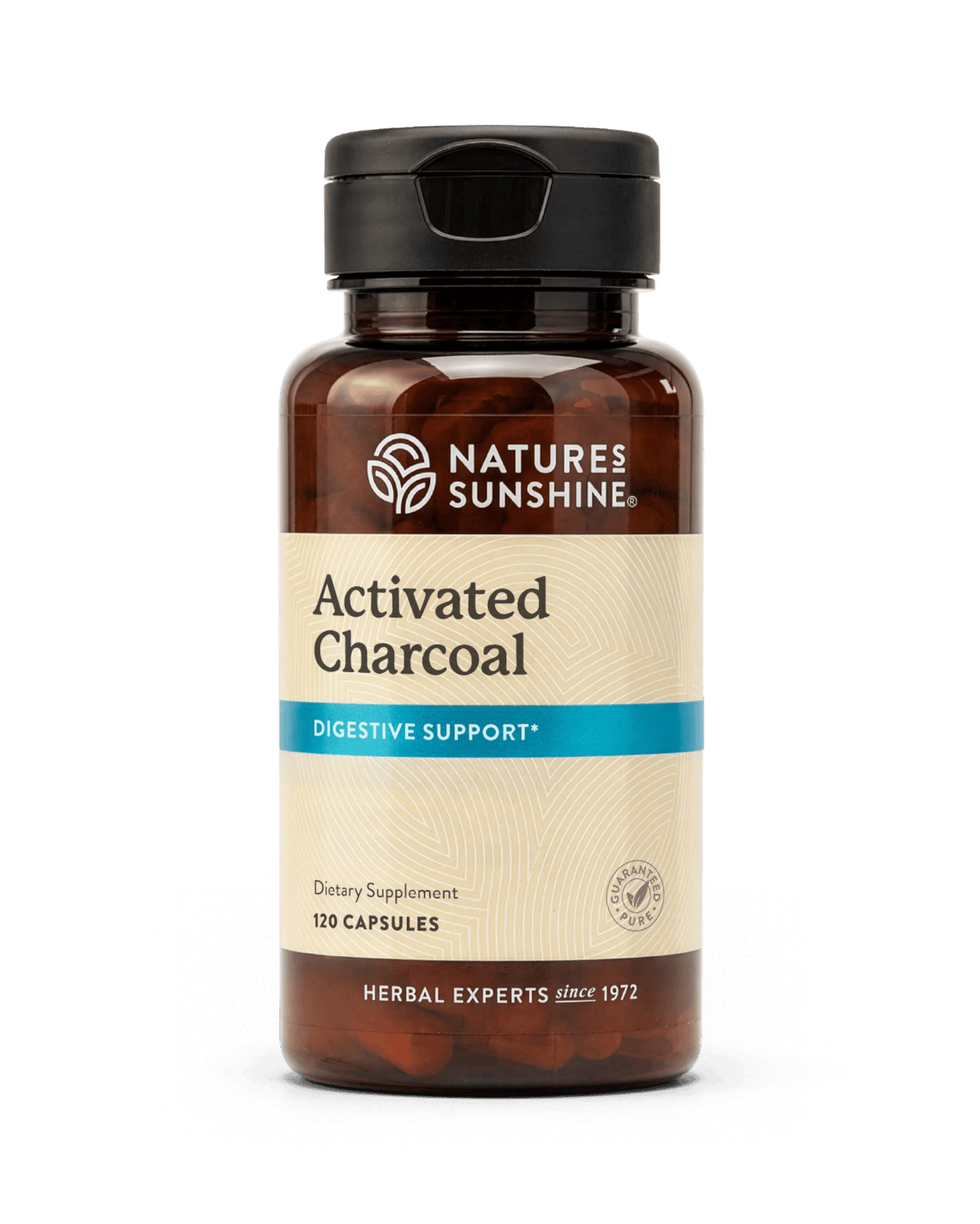 A bottle of Nature's Sunshine Activated Charcoal dietary supplement, 120 capsules, on a clean white background.