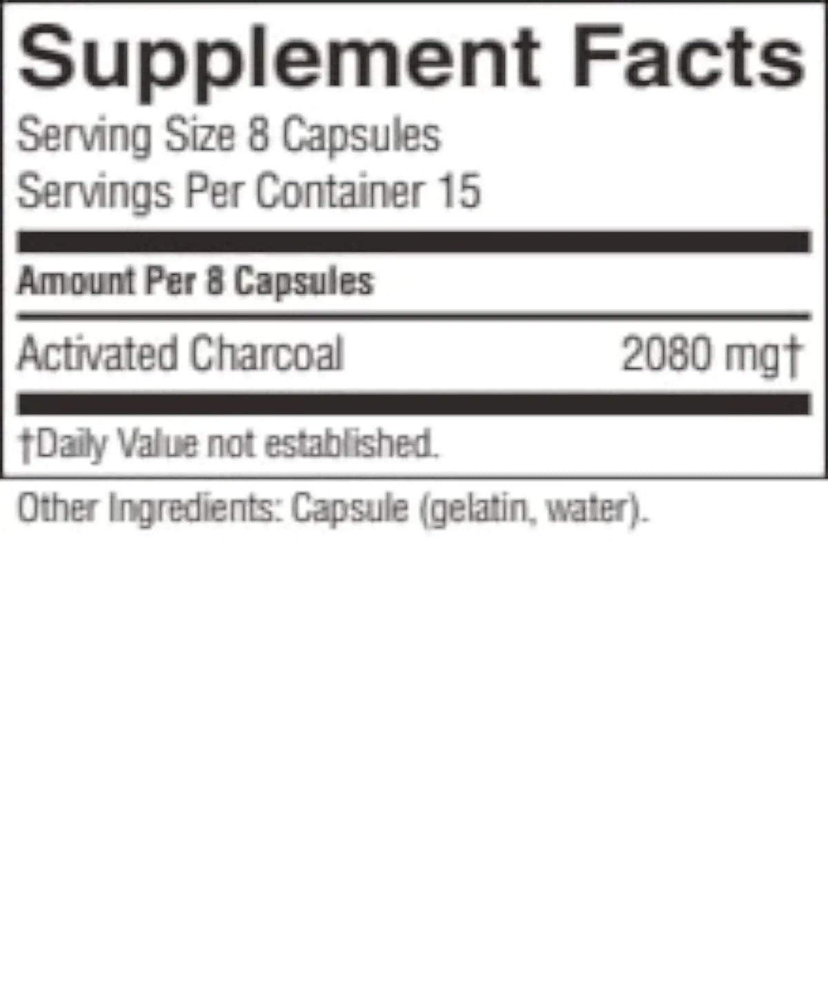 A close-up of a supplement facts label showing 'Supplement Facts' with 'Activated Charcoal 2080 mg' and 'Other Ingredients: Capsule (gelatin, water)'.
